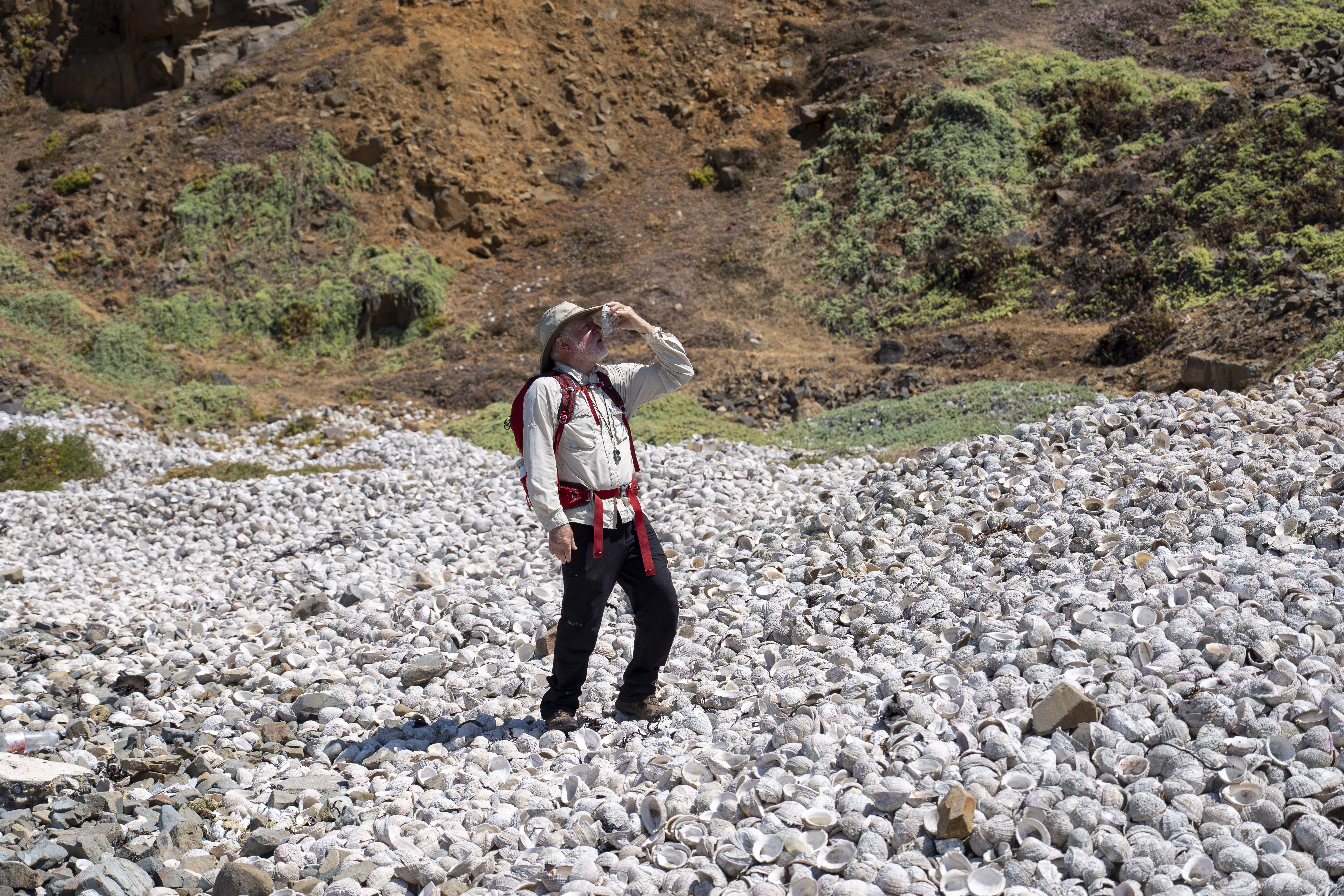 A geologist in a tan sun hat and red backpack stands amidst a vast field of white shells against a rugged, sun-drenched hillside.