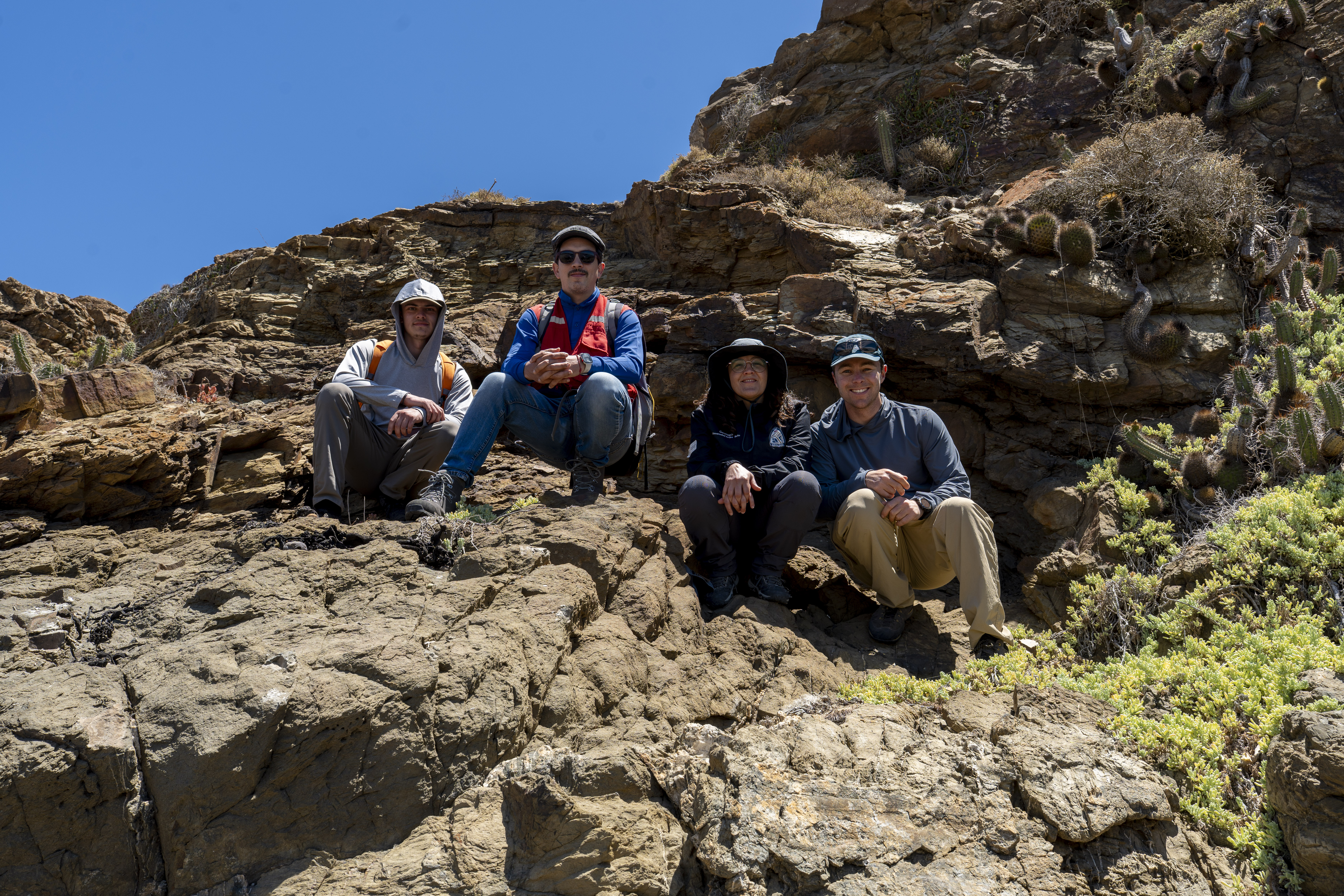 A group of four geologists in outdoor gear resting on a sun-drenched, rocky hillside surrounded by sparse desert vegetation and cacti.