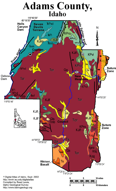 Geological map of Adams County, Idaho, showing rock units, fault lines, cities, and major rivers.