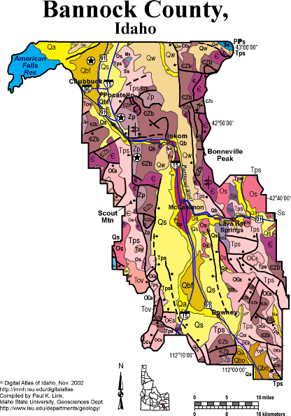 Geological map of Bannock County, Idaho, showing rock units, cities, highways, and water bodies.