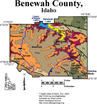 Geological map of Benewah County, Idaho, showing rock units, fault lines, water bodies, and highway corridors.