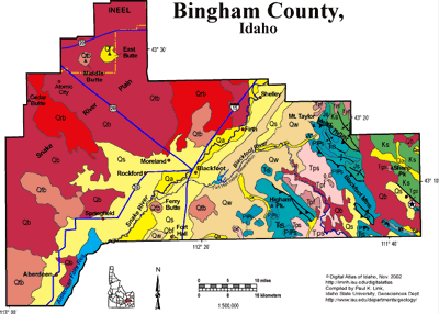 Geological map of Bingham County, Idaho, showing basalt flows, river valleys, thrust faults, and towns.