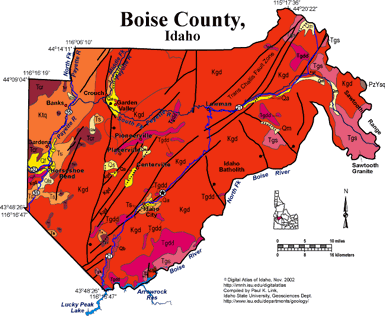 Geological map of Boise County, Idaho, dominated by the Idaho Batholith, fault lines, and mountain towns.