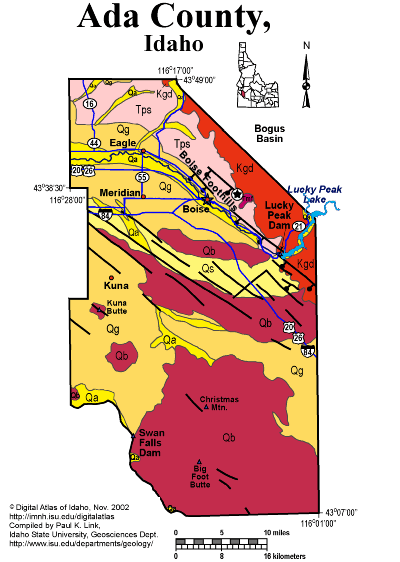 Geological map of Ada County, Idaho, showing rock units, major cities, highways, and landmarks.