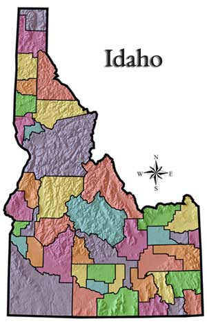 Color-coded county relief map of Idaho with the title 