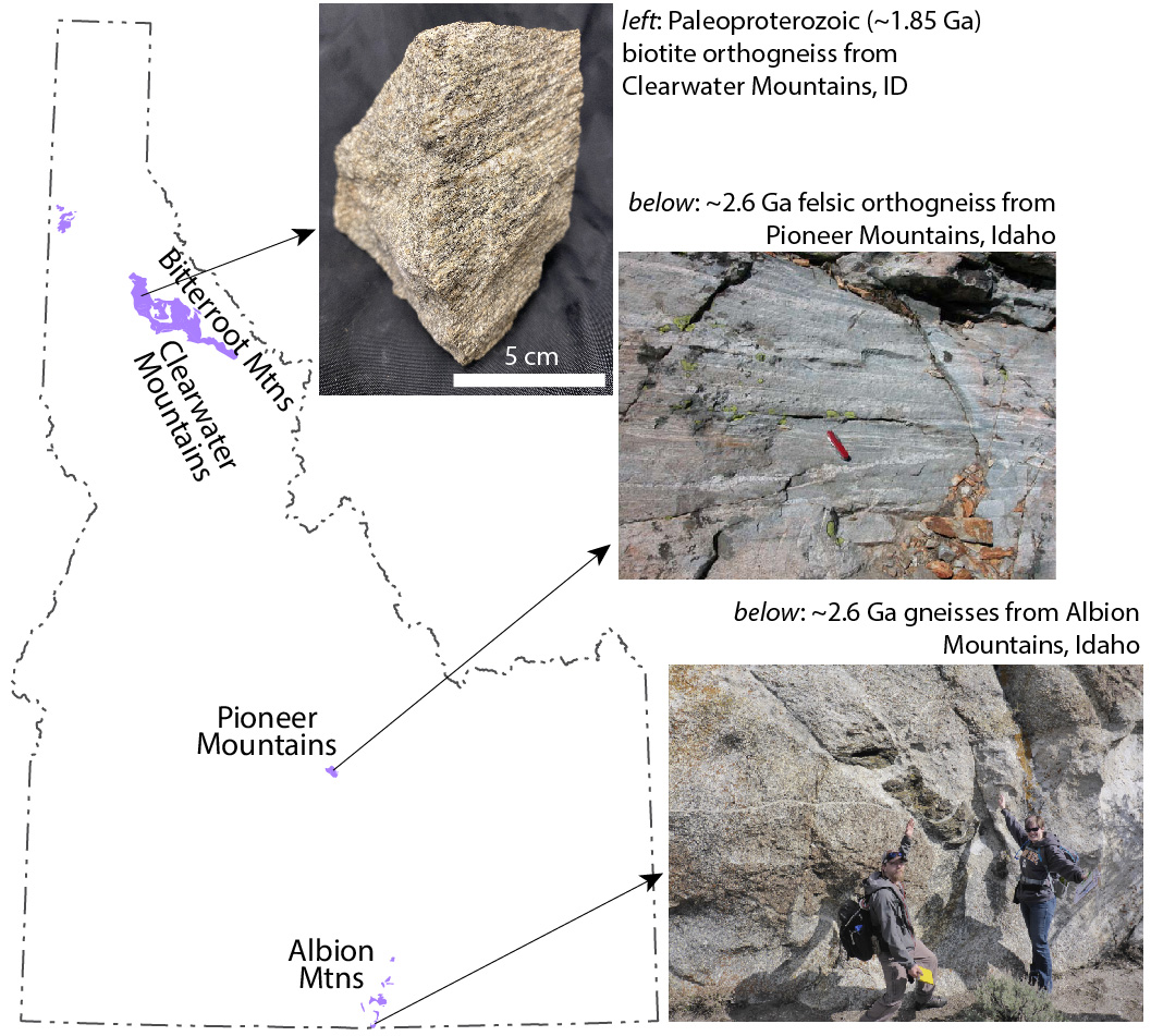 Exposures of Paleoproteroic and Archean crystalline basement rocks in Idaho