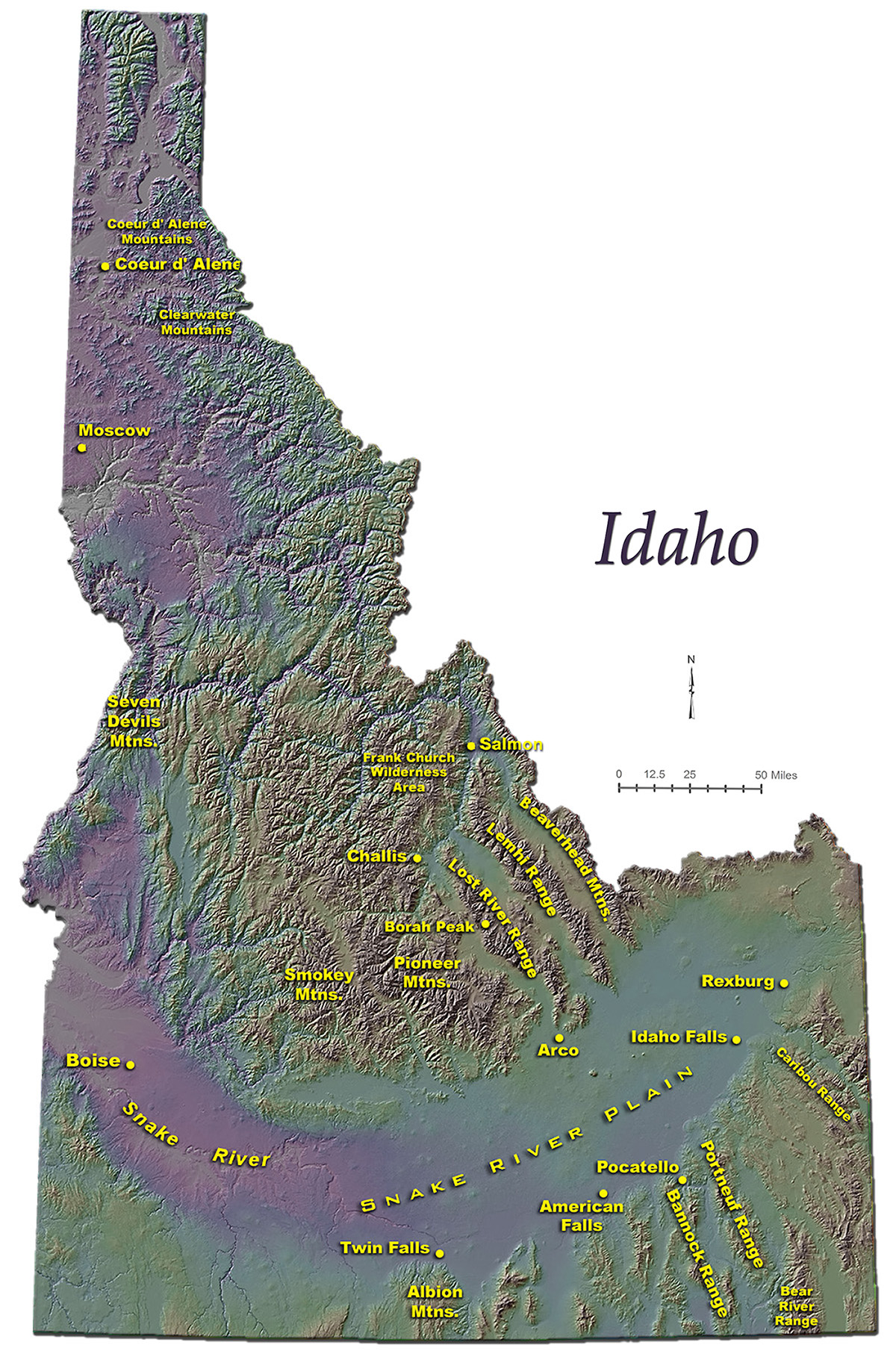 Shaded relief map of Idaho showing major population centers and mountain ranges