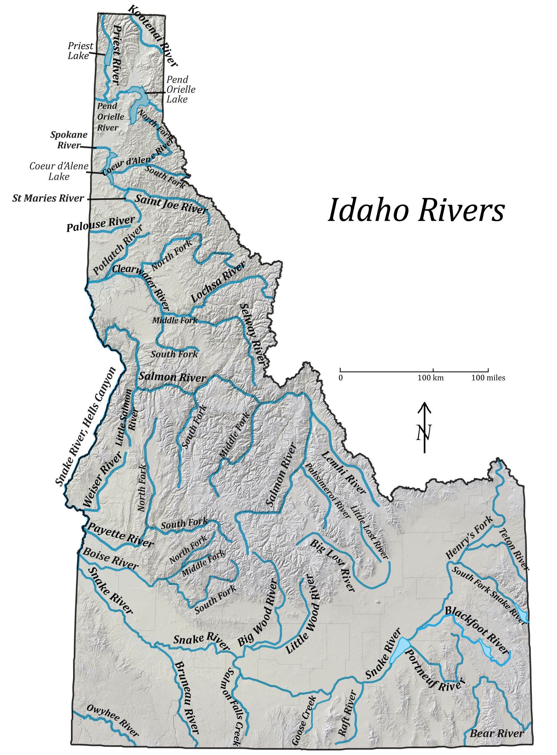 Shaded relief map showing Idaho rivers