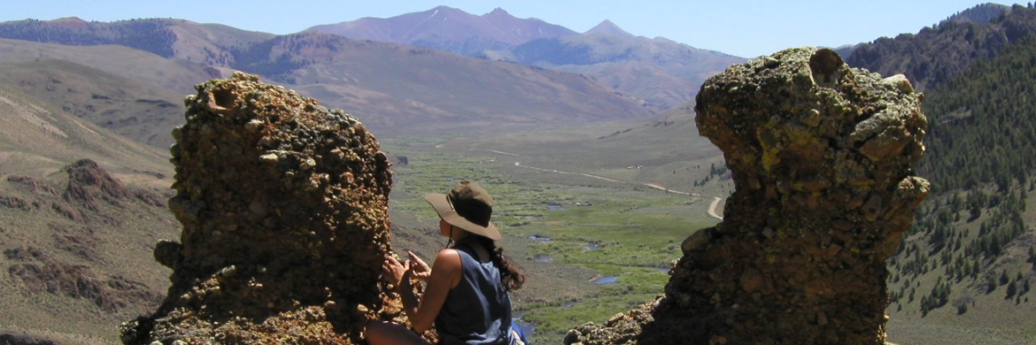 Student looking at geologic outcrop with mountains in the background