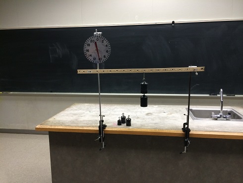 A lever system with weights suspended and a torque meter