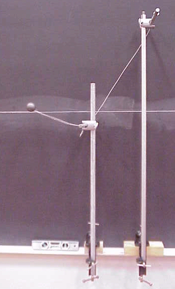 A ball hanging from a rod creating a pendulum. The string is stopped by a rod and the ball still makes it to the line indicated by the chalkboard line.