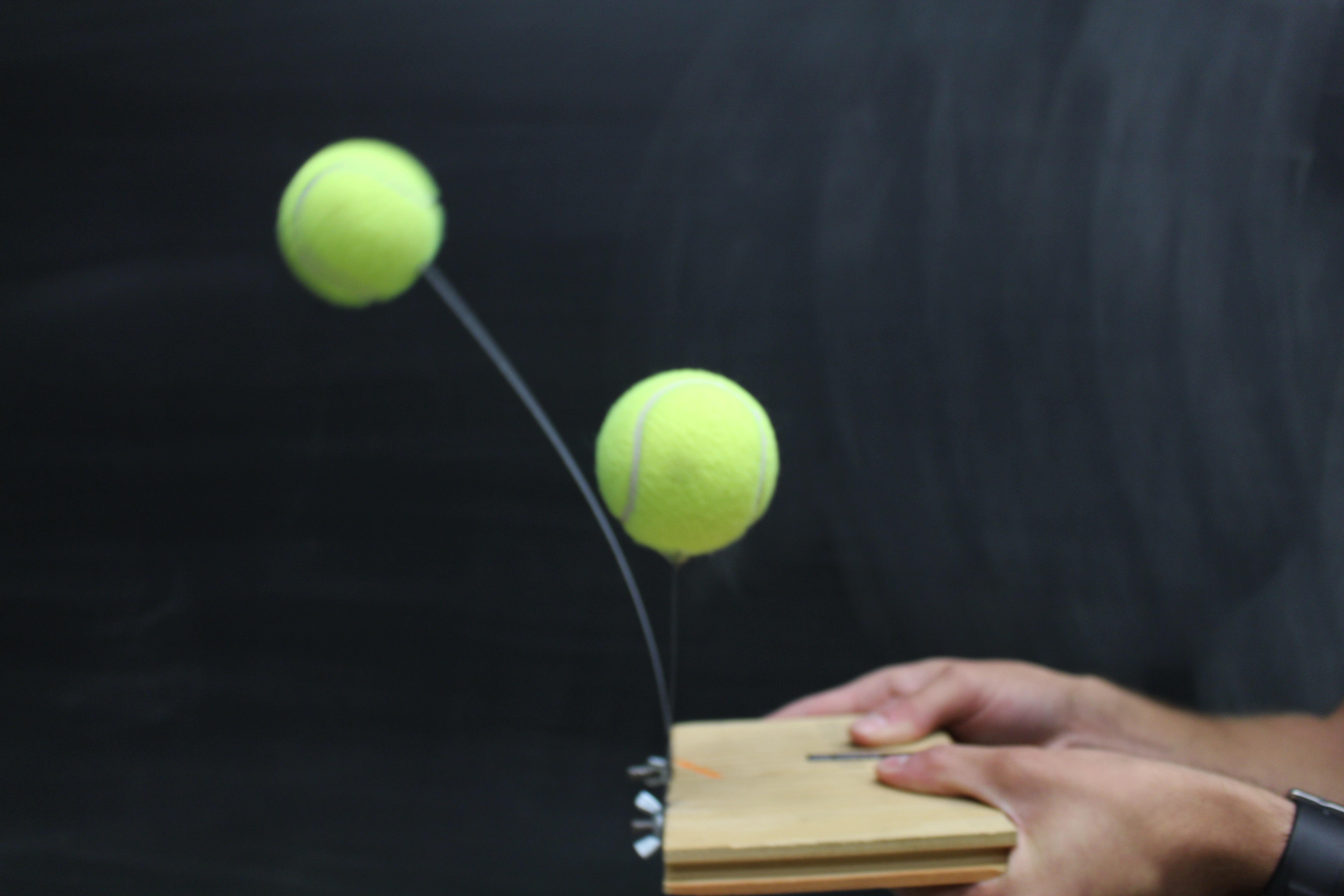 Tennis balls connected to a bendable metal rod