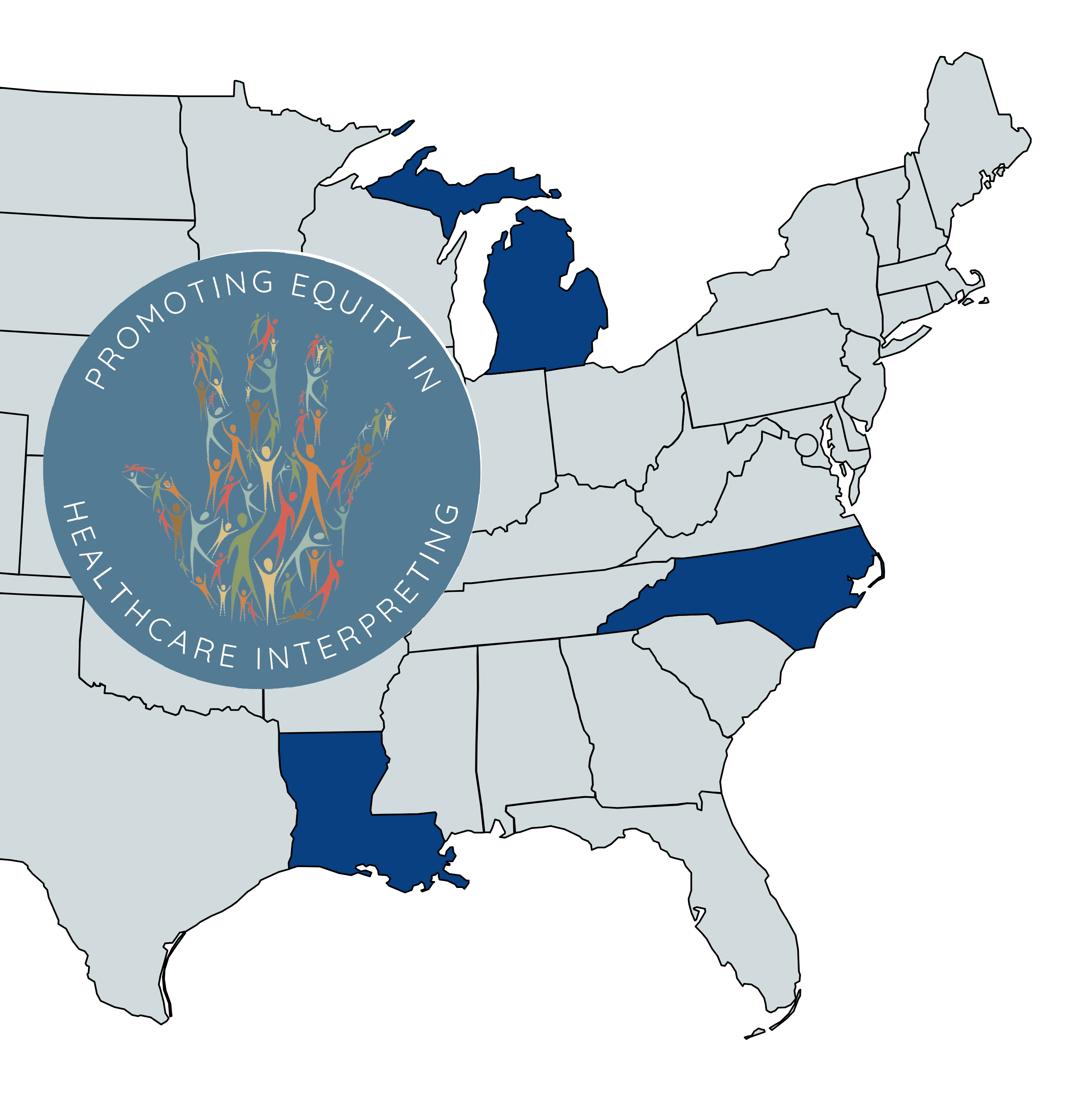 A map of the United States, with Louisiana, Michigan, and North Carolina highlighted. The PEHI logo also appears