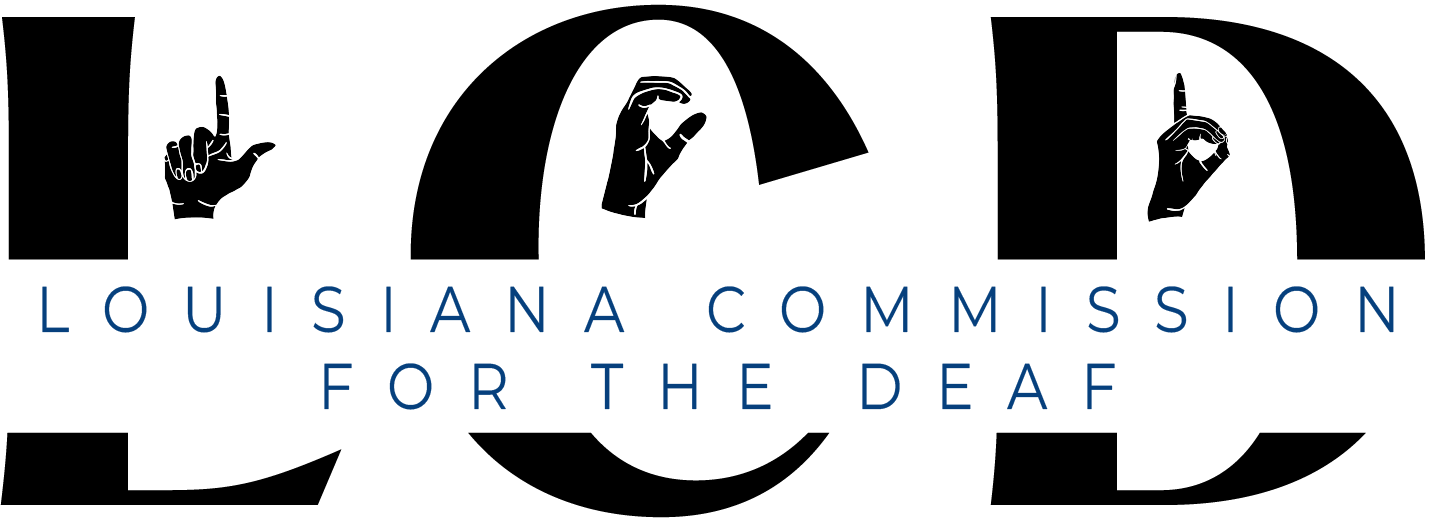 Three large letters with fingerspelled letters L, C, D to symbolize the Louisiana Commission for the Deaf/Hard of Hearing