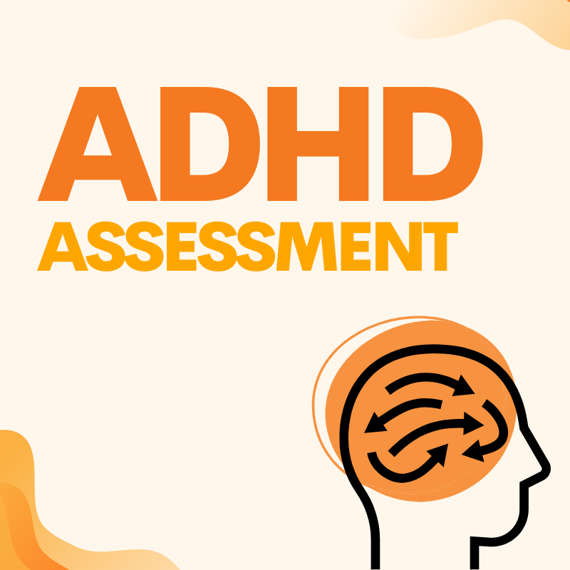 A stylized head with brain reading 'ADHD Assessment'
