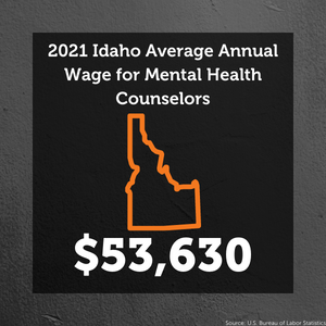Top text: 2021 Idaho Average Annual Wage for Mental Health Counselors. Symbol of the outline of Idaho. Bottom text: $53,630