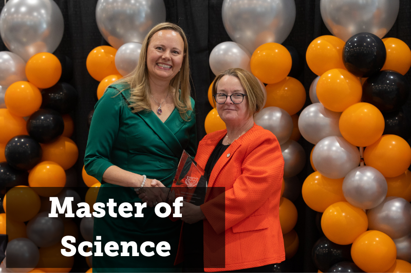 Dean Teresa Conner shaking the hand of a member of dental Hygiene staff. Text reads Master of Science