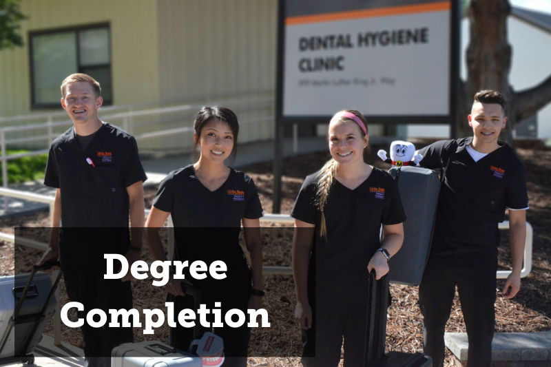 A group of graduate students in the Dental Hygiene program in scrubs. Text reads Degree Completion