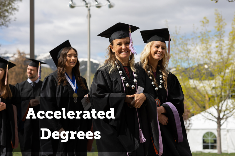 A group of dental hygiene graduate students in graduation regalia. Text reads Accelerated Degrees.