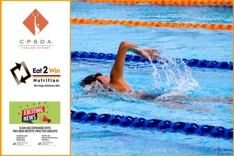Logos of three professional sports nutrition organizations with picture of competitive swimmer