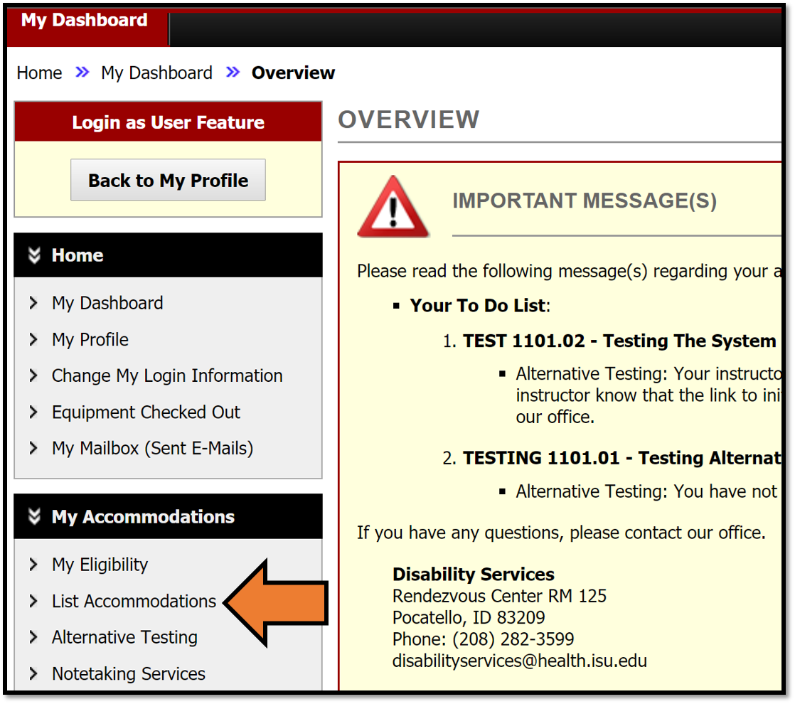 Clicking on the List Accommodations link that is located inside the My Accommodations section