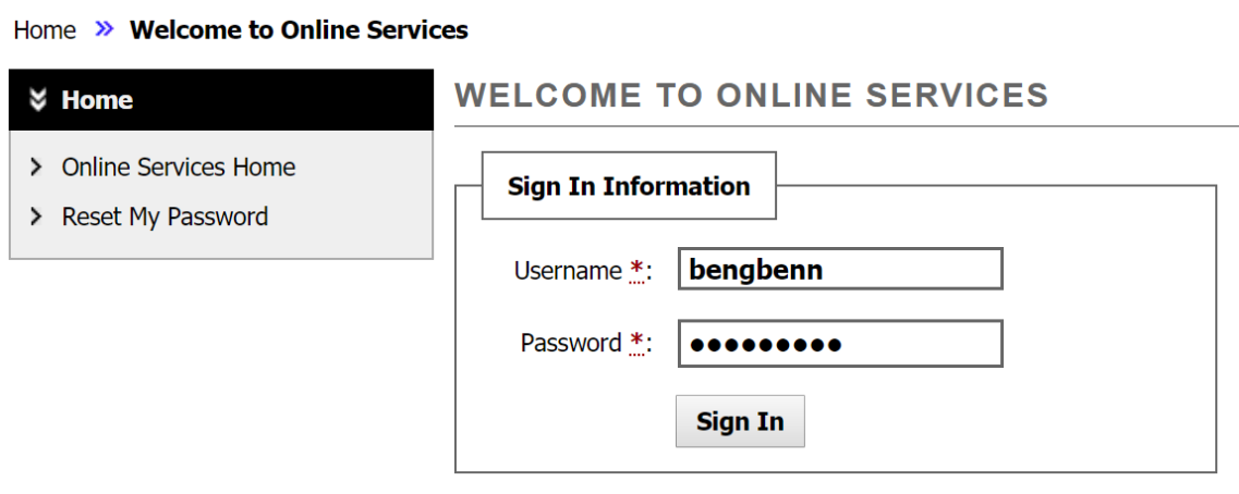 Screenshot of login