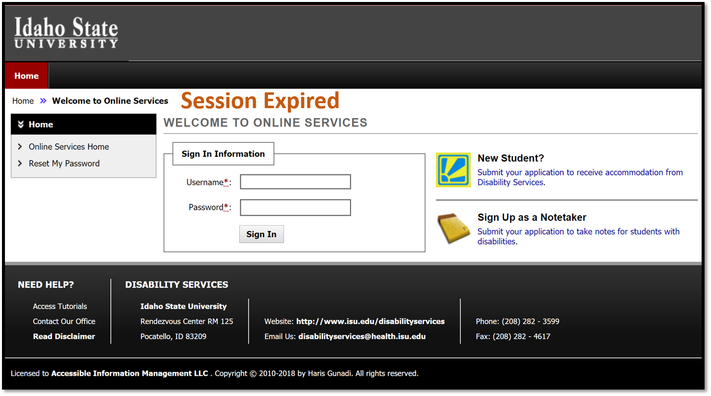 Viewing the session expired page