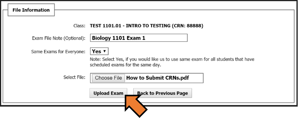 Clicking the Upload Exam button at the end of the File Information section