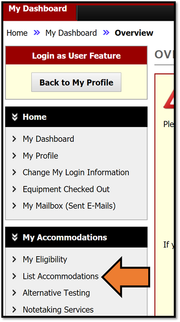 Picture of the arrow pointing to the List Accommodations link on the dashboard
