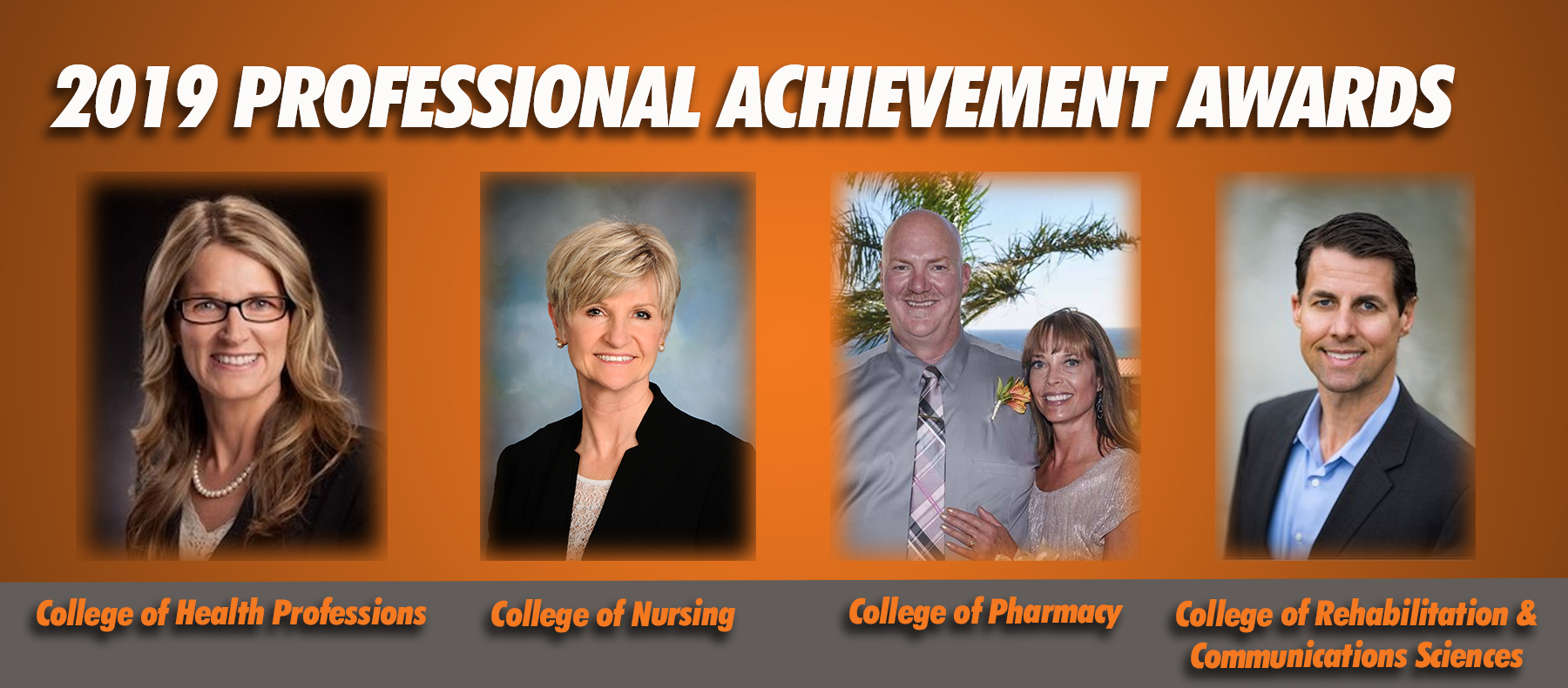 Orange background with 4 photos of Professional Achievement Award winners and white text