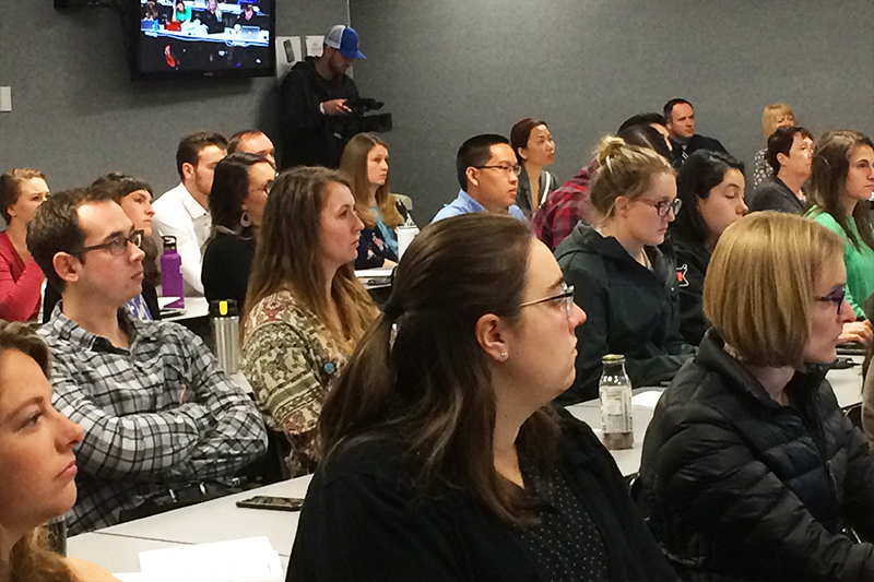 Students, faculty, and community members fill the room at ISU-Meridian for Research Day 2018, dedicated to combating Idaho's opioid overuse epidemic