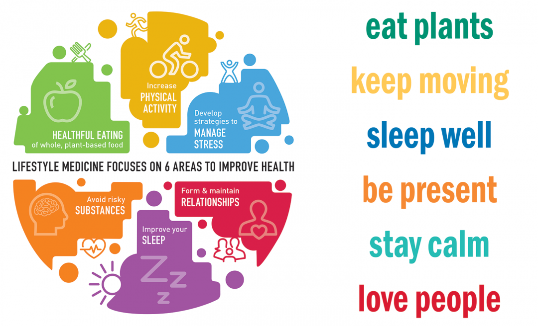 Lifestyle Medicine Logo with the 6 Pillars of Health - eat plants, keep moving, sleep well, be present, stay calm, love people