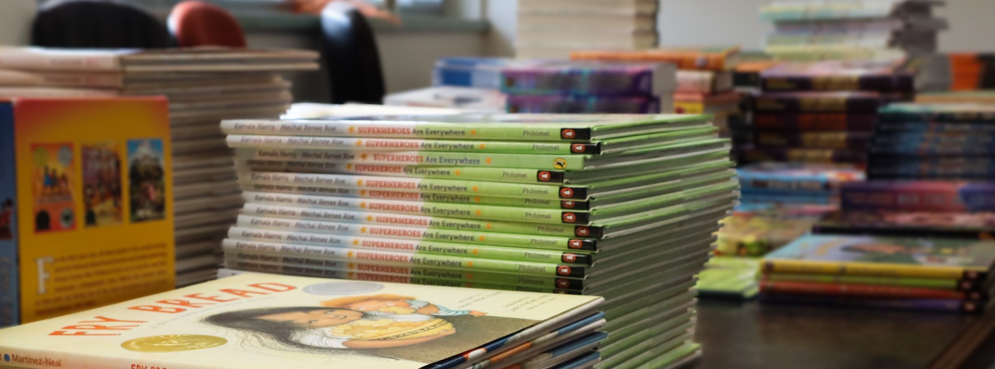 Stacks of books on a table