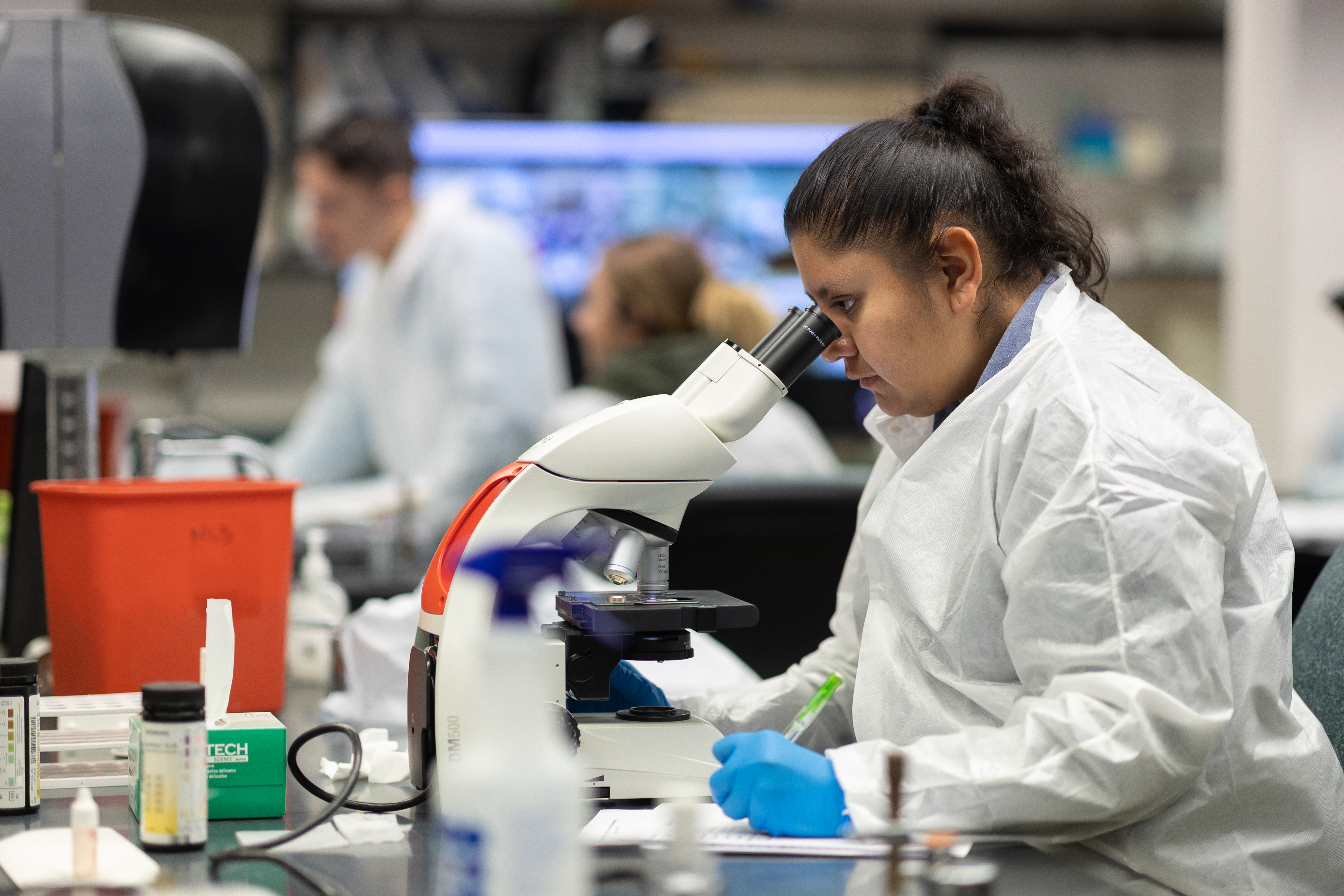 Student looking through microscope