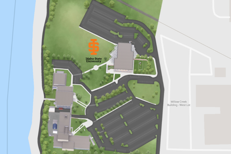 Map of ISU Idaho Falls Campus highlighting main buildings and parking areas.