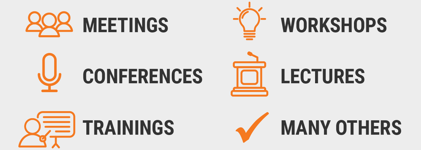 Infographic listing event types with icons, including meetings, conferences, trainings, workshops, lectures, and many others.