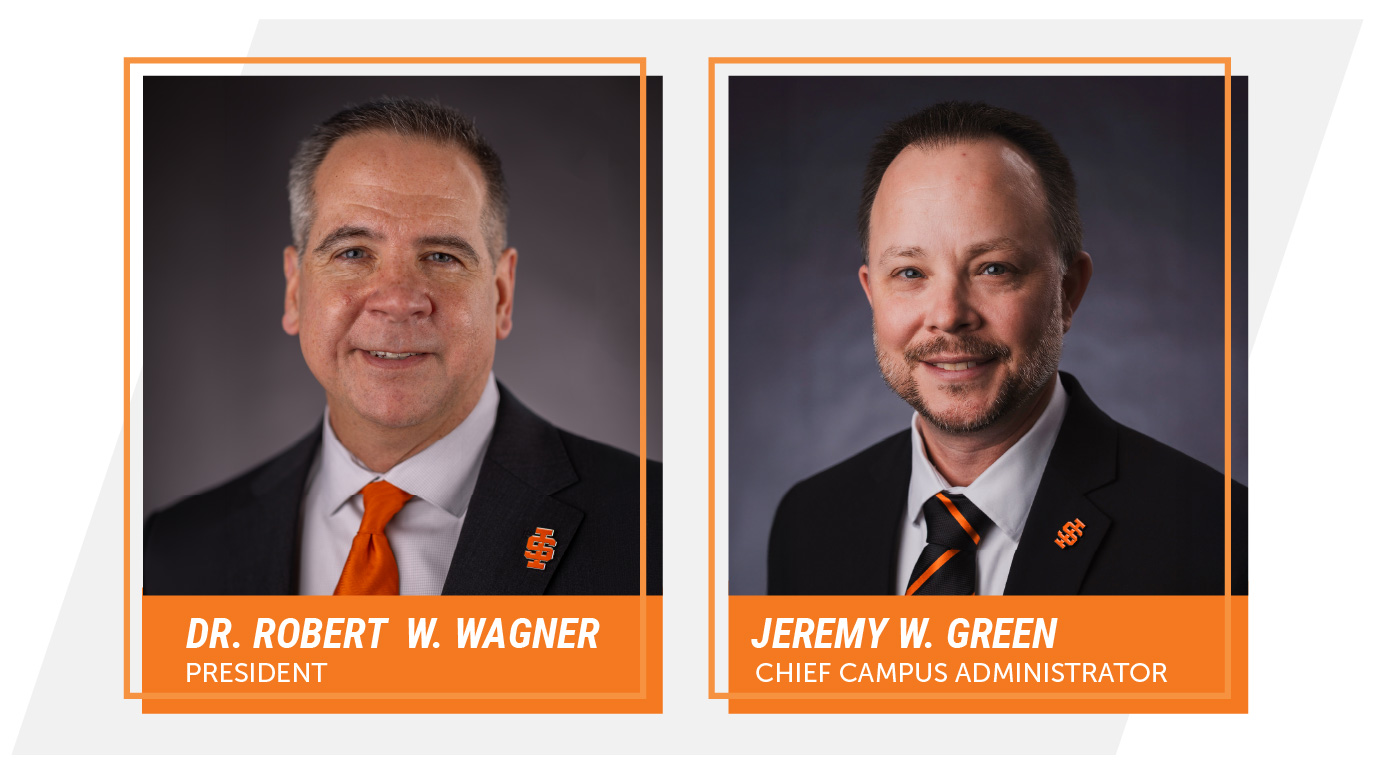 Portraits of Robert Wagner, President, and Jeremy Green, Chief Campus Administrator, shown side by side against a gray background with their names and titles displayed.