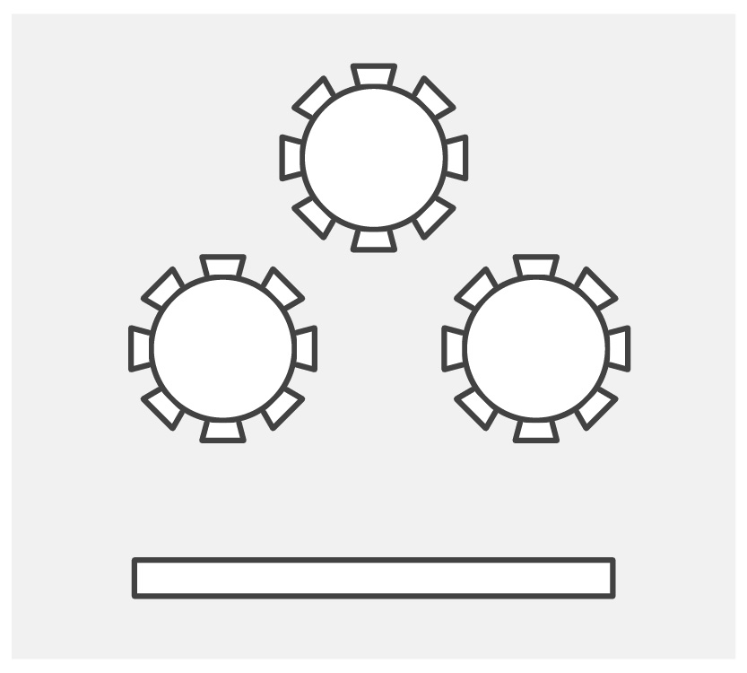 Simple line graphic showing three round banquet tables with chairs arranged around them, representing a banquet-style room layout.