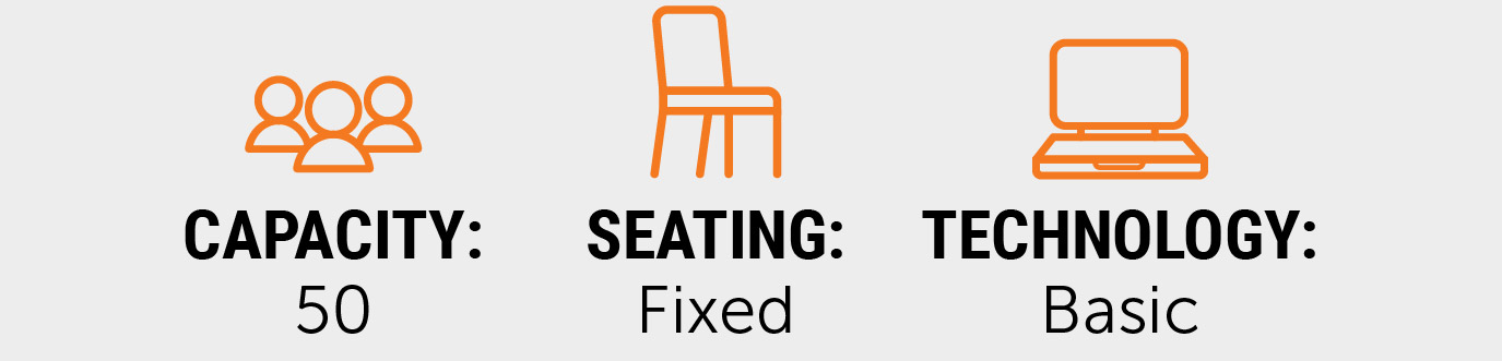 Quick facts for the small CHE tiered classroom showing a capacity of 50 people, fixed seating, and basic technology.