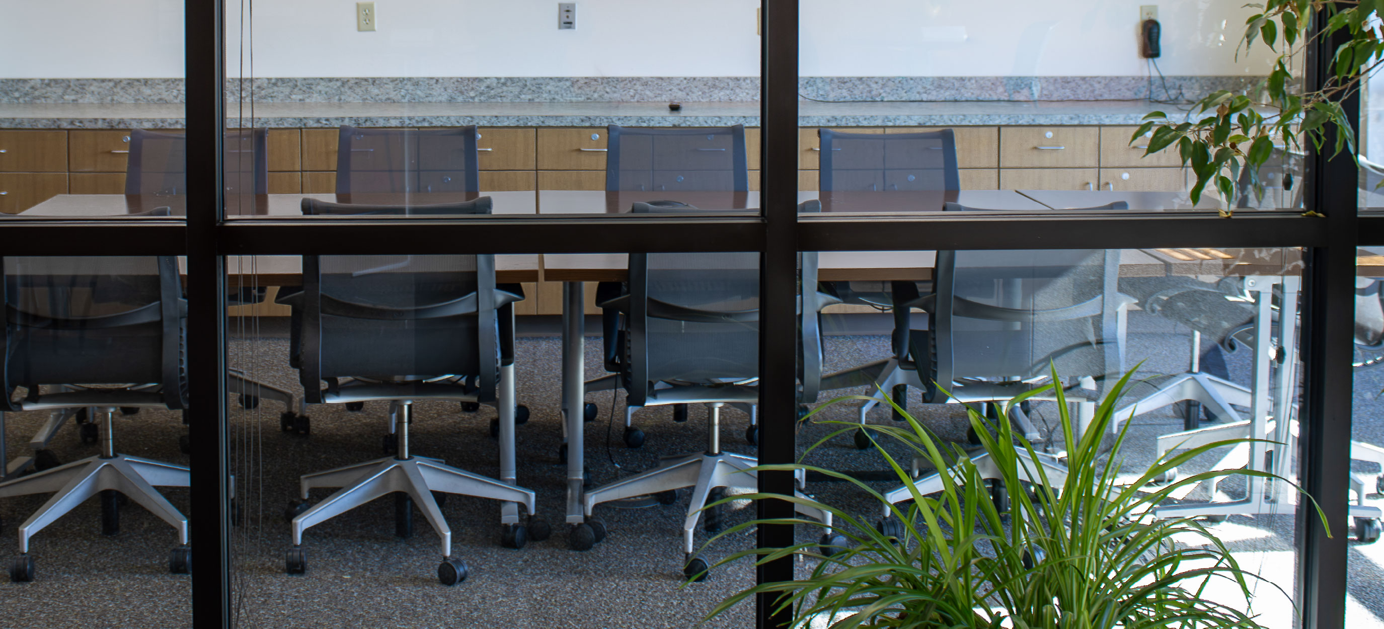 Conference room viewed through glass walls, featuring a long table, black rolling chairs, built-in cabinetry, and indoor plants.