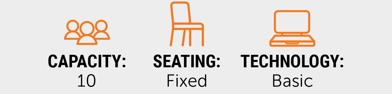 Quick facts for TAB 279 showing a capacity of 10 people, fixed seating, and basic technology.