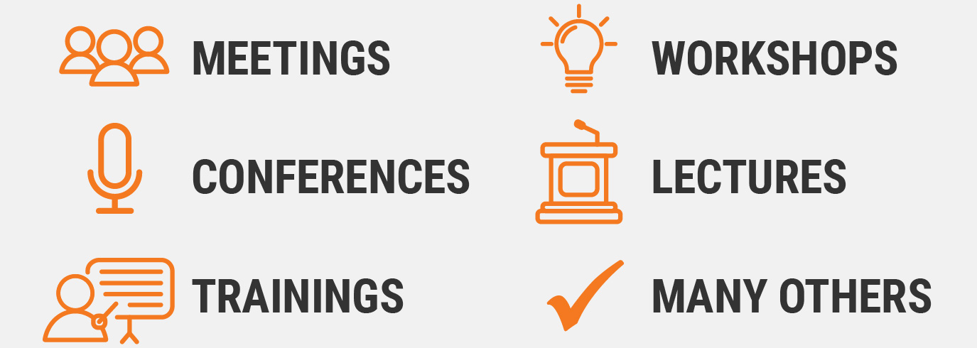 Infographic listing event types with icons, including meetings, conferences, trainings, workshops, lectures, and many others.