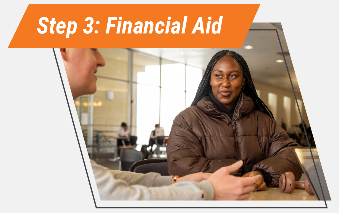 Student meeting with a financial aid advisor at a table on campus, discussing financial aid and payment options as part of Step 3: Financial Aid.