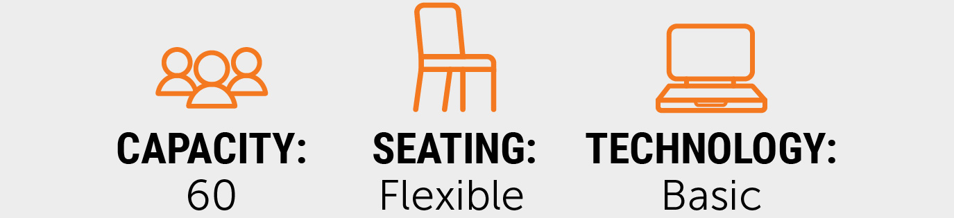 Quick facts graphic showing BSUB 109 has a capacity of 60, flexible seating, and basic technology.