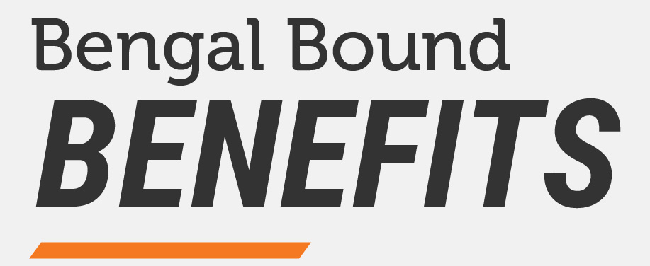 Graphic with the words “Bengal Bound Benefits” in large black text on a light gray background with an orange accent line underneath.