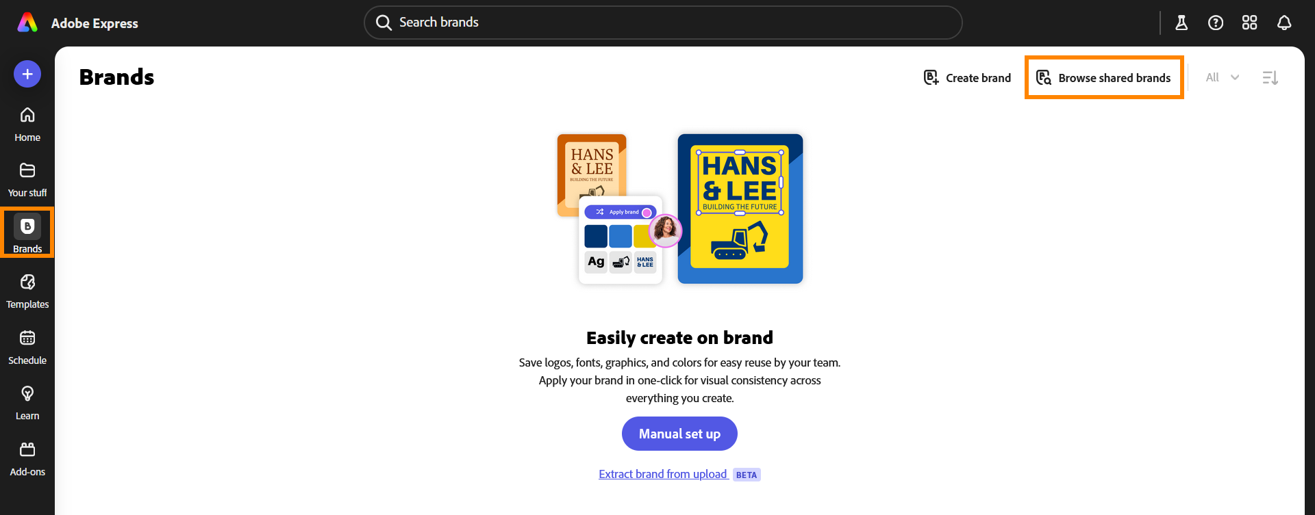 A screenshot highlighting the brand tab and the 'Browse Shared Brands' button on the Adobe Express website