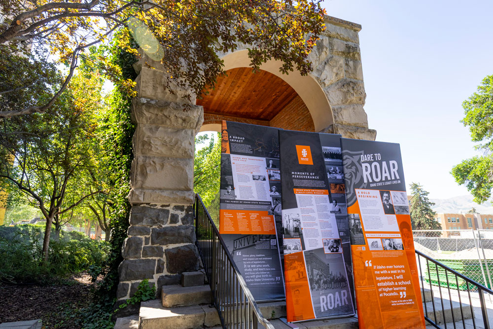 The ISU Traveling History Display on the steps of Swanson Arch