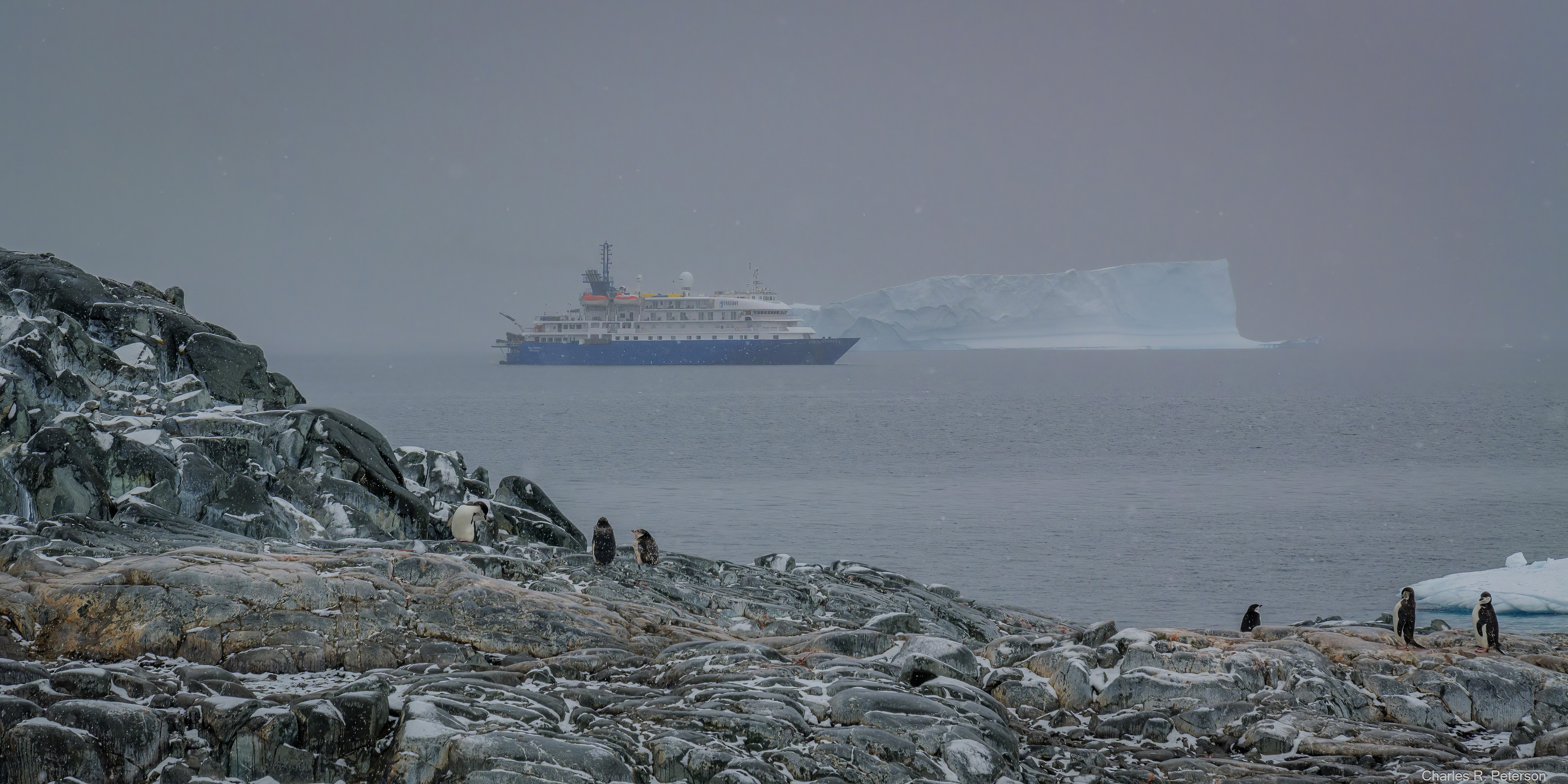 Cruise ship on the ocean along Antarctica's coast