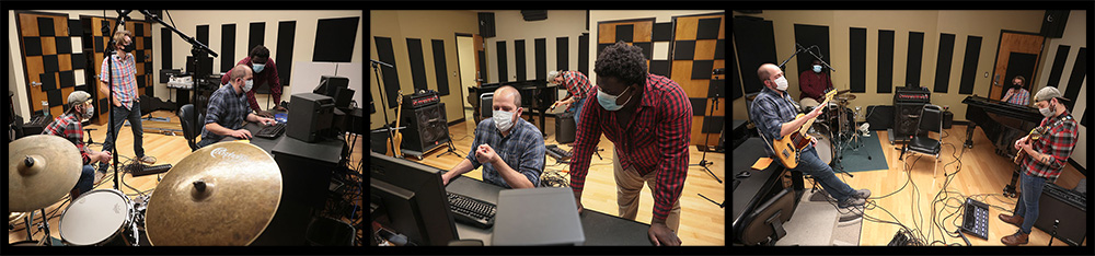 Commercial music students working in the studio with Prof. Armstrong