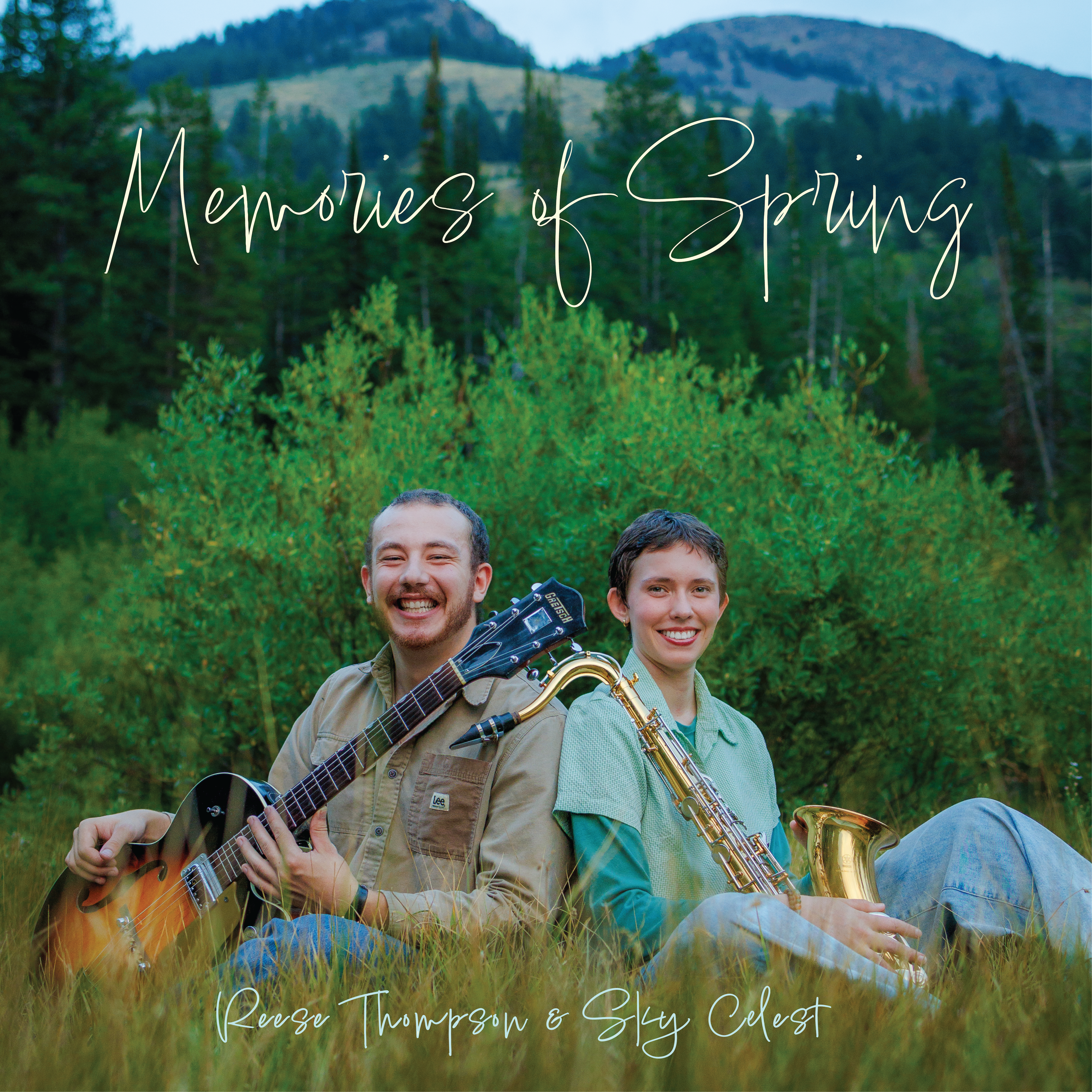 Reese and Sky sitting in grass with their guitar and saxophone